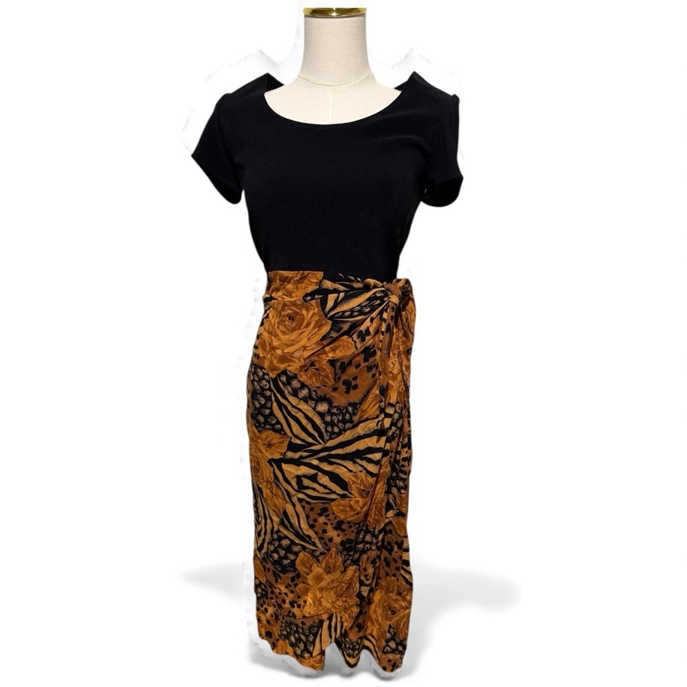 🔻Vintage Black Knit Bodice Dress w/ Leopard Floral Sarong Skirt — Small - Picture 2 of 8